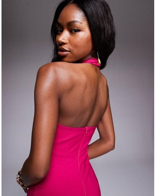 Vesper Pink Bengaline Scoop Neck Halterneck Bodycon Midaxi Dress