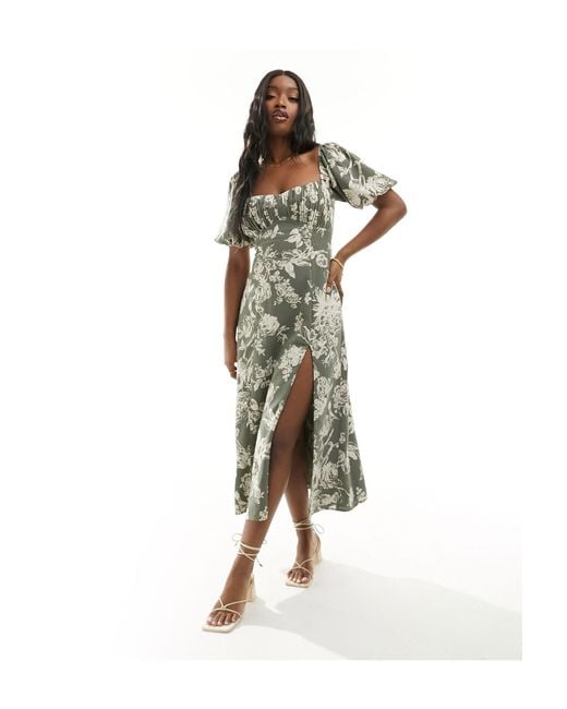 Abercrombie & Fitch Green Floral Puff Sleeve Ruched Bodice Midi Dress