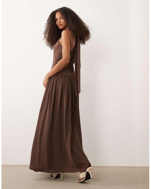 Pretty Lavish Brown Isadora Dropped Waist Fitted Halter Neck Maxi Dress