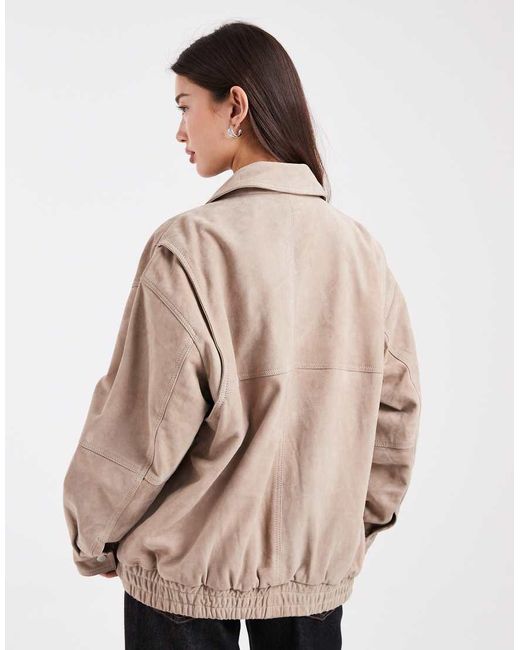 Chaqueta Harrington Estilo Bomber De Ante Auténtico De -Neutro ASOS de color Natural