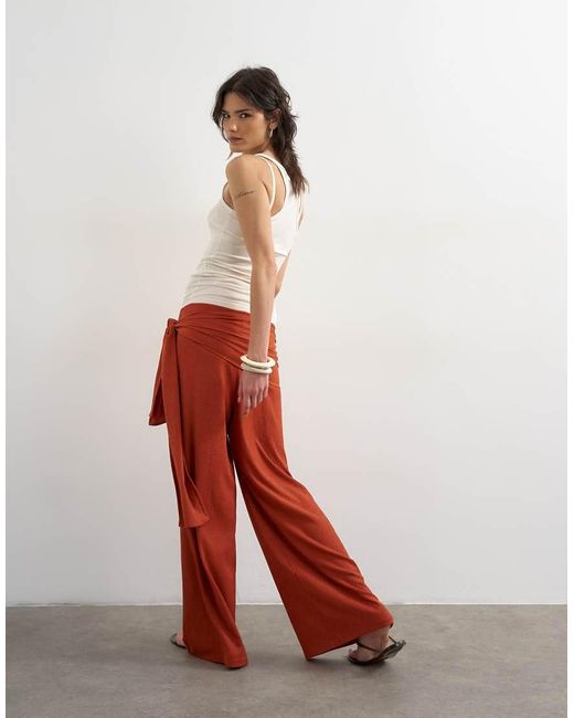TOPSHOP Red Plisse Wrap Scarf Detail Trousers