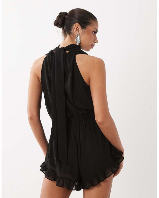 Noughts & Kisses Natural Chiffon Cowl Neck Scarf Detail Cinch Waist Playsuit