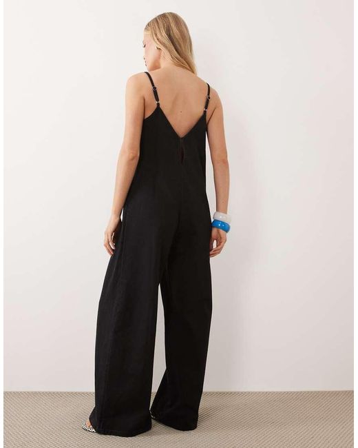 ASOS Black Soft Denim Jumpsuit With Wide Leg