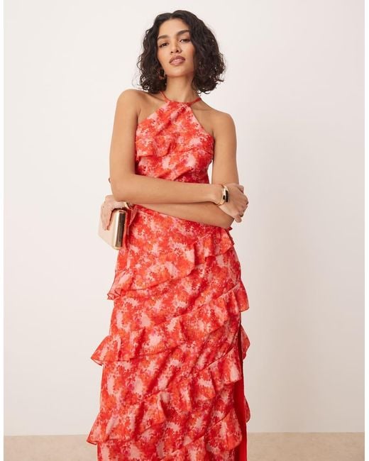 Pretty Lavish Red Halter Ruffle Midaxi Dress