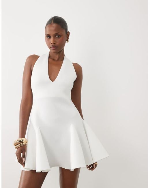 ASOS Natural Plunge Neck Structured Full Skirt Mini Dress