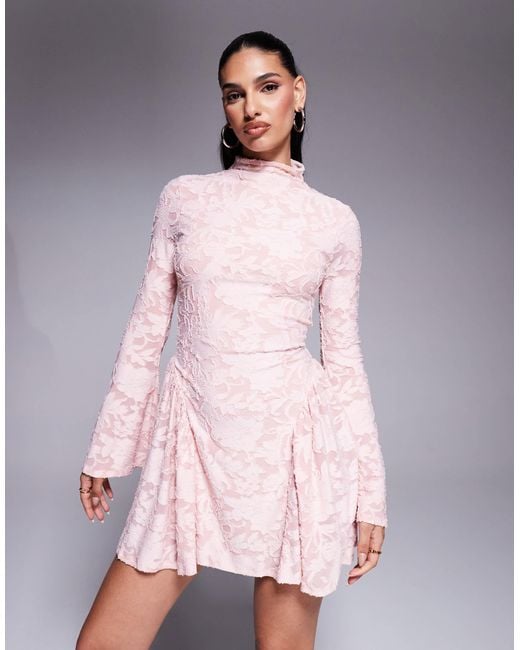 ASOS Pink High Neck With Flutter Full Length Sleeves And Godet Inserts Devore Mini Dress
