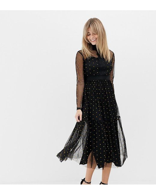 LACE & BEADS Black Long Sleeve Tulle Midi Dress With Mustard Spot