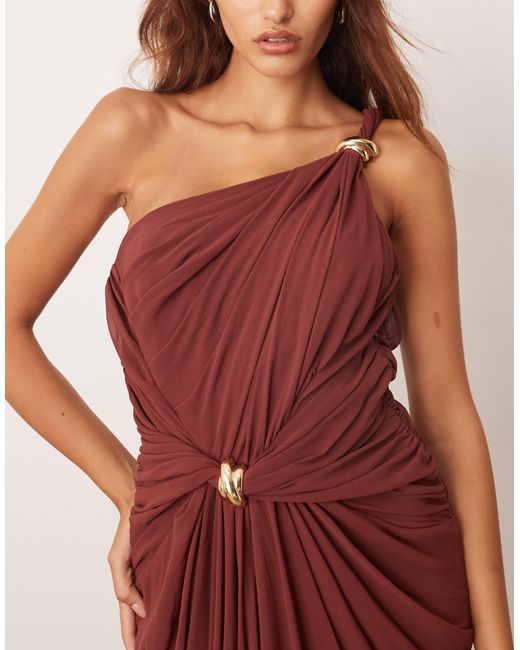 ARRANGE Pink One Shoulder Draped Twist Detail Maxi Dress With Metal Trim Detail