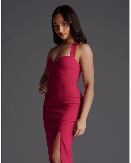 Vesper Petite Red Notch Neck Midaxi Dress With Thigh Split