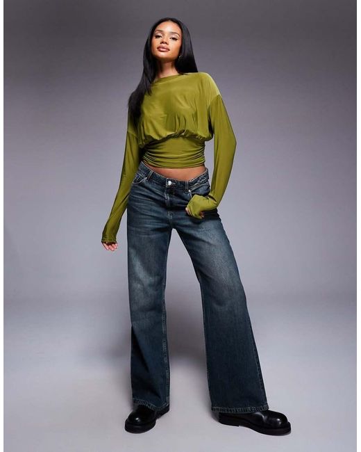 ASOS Green Slinky Asymmetric One Shoulder Long Sleeve Top With Cinch Waist Detail