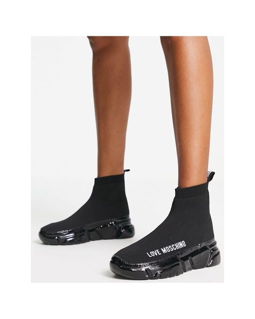 Love Moschino Black Sock Trainer With High Shine Platform Sole