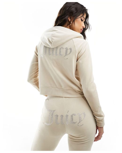 Juicy Couture Natural Diamante Velour Tracksuit Zip Hoodie Co-ord