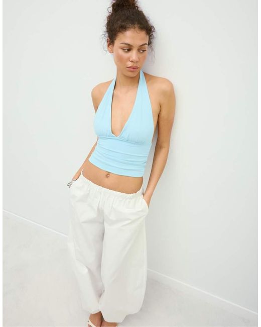 Stradivarius Blue Gathered Halter Top