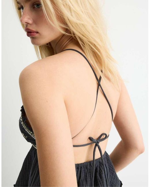 Stradivarius Blue Ruffled Top With Beads