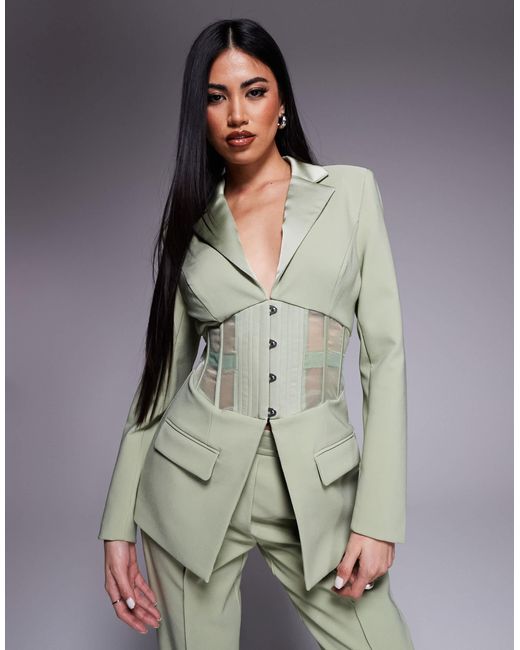 Blazer d'ensemble en satin mélangé transparent style corset - sauge Lavish Alice en coloris Gray