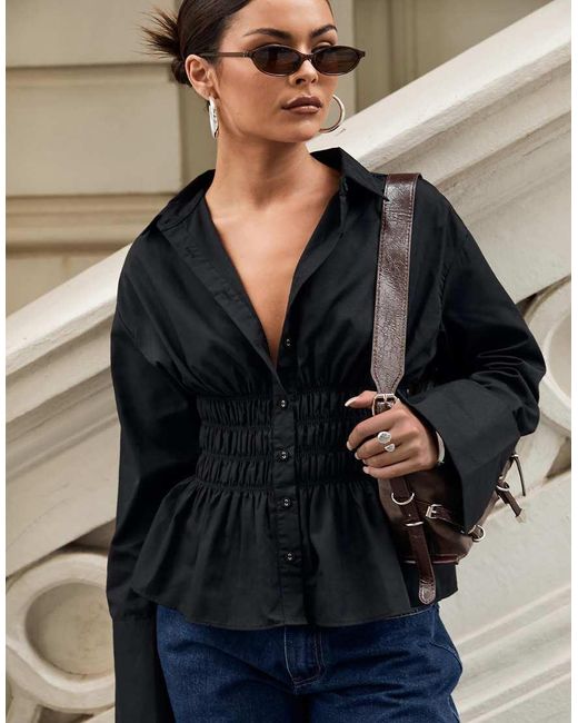Princess Polly Blue As You Are Shirred Waist Button Up Shirt