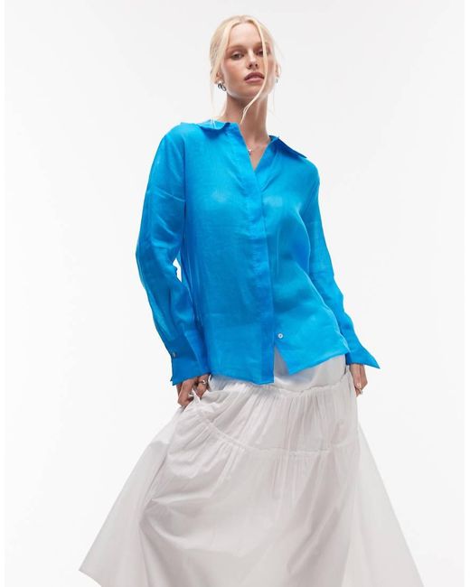 Mango Blue Ramie Semi Sheer Long Sleeve Shirt