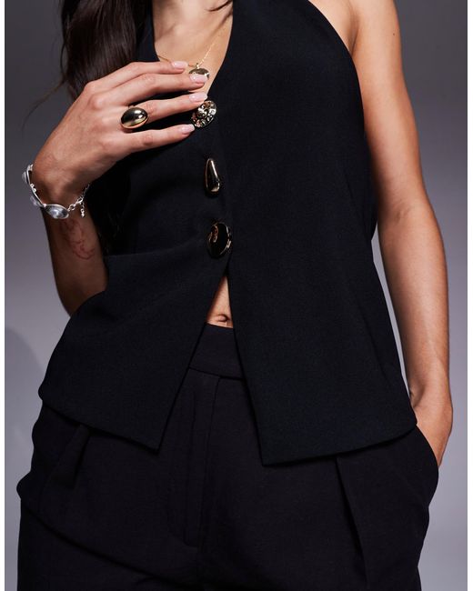ASOS Blue Rib Halter Neck Waistcoat With Gold Button Detail
