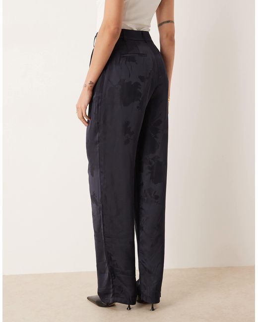 ASOS Blue Asos Design Tall Tailored High Waist Straight Leg Satin Jacquard Trousers