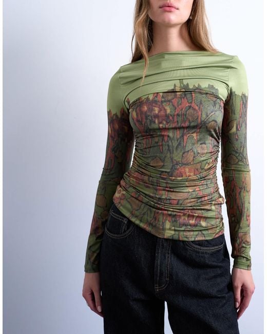TOPSHOP Green Slash Neck Abstract Placement Print Microfibre Top