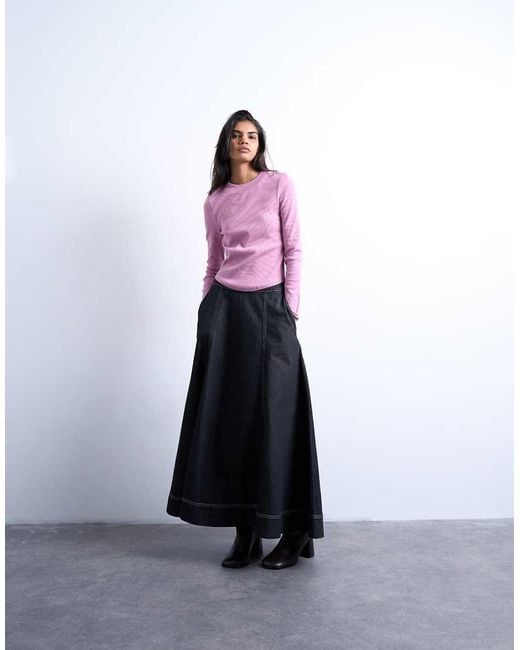 TOPSHOP Purple Rib Long Sleeve Curved Hem Top
