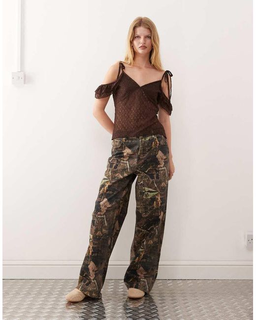 Reclaimed Vintage Brown Lace Cami Lace Top With Sleeve Detail