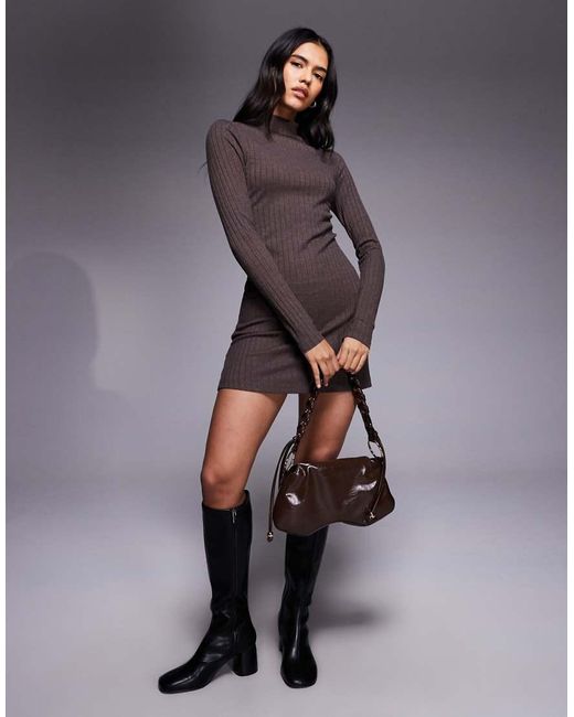 ASOS Purple Ribbed High Neck Mini Dress With Tie Waist Chocolate