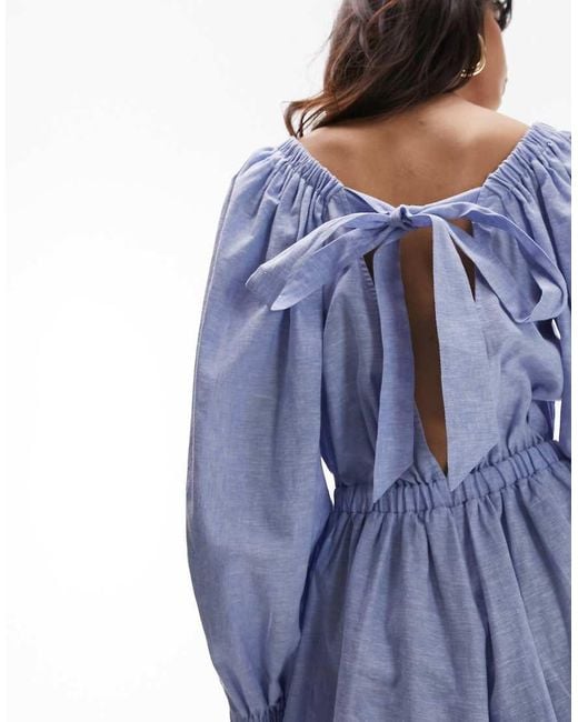 TOPSHOP Blue Elasticated Channel Long Sleeve Playsuit