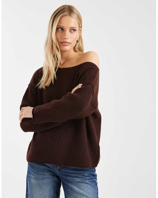 Miss Selfridge Brown Asym Off The Shoulder Slouchy Cosy Knit Jumper
