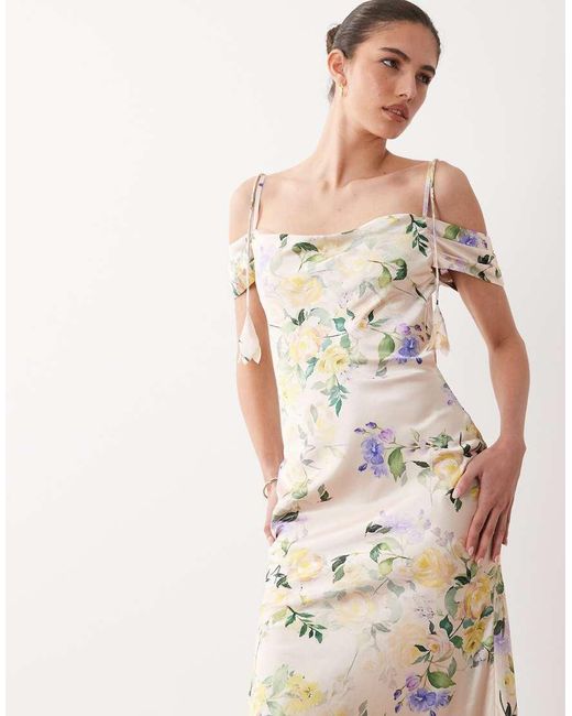 Hope & Ivy Natural Satin Cold Shoulder Cami Maxi Dress