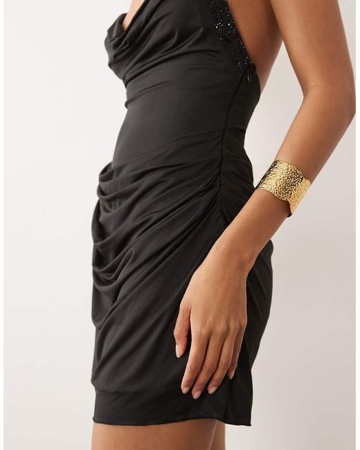 Oh Polly Natural Embellished Halter Neck Drape Skirt Mini Dress