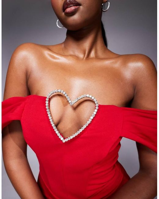 Goddiva Red Diamante Heart Trim Evening Maxi Dress