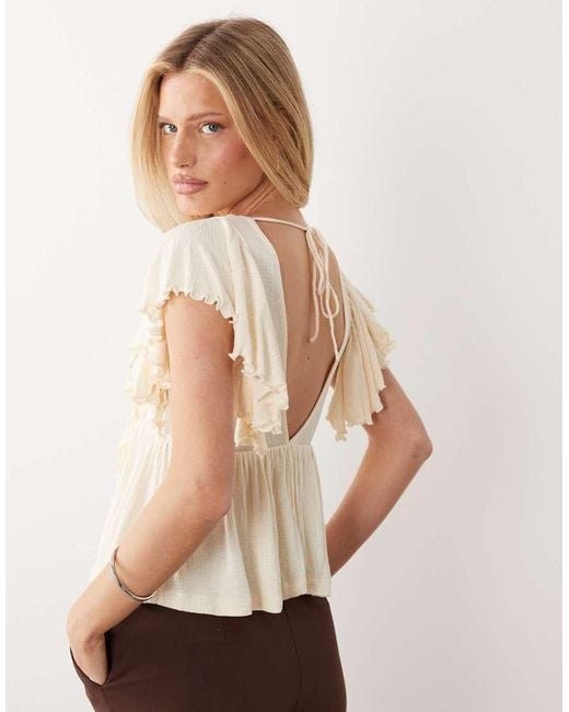ASOS Natural Crinkle Plunge Ruffle Flutter Sleeve Top