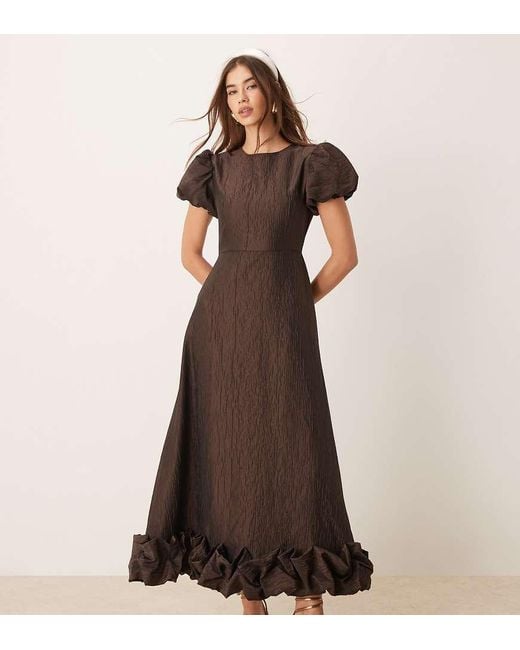 Sister Jane Brown Exclusive Puff Sleeve Bubble Hem Midaxi Dress