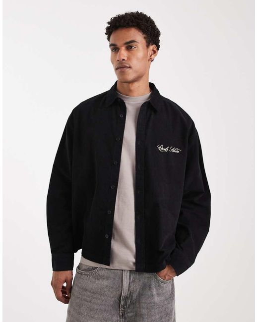 ASOS Black Boxy Oversized Corduroy Shirt With Back Embroidery for men
