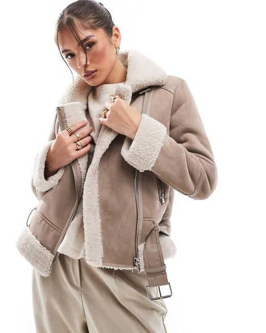 Stradivarius Borg Lined Biker Jacket in Natural Lyst UK
