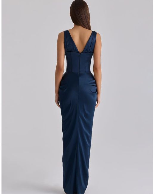 House Of Cb Blue Angeline Satin Corset Maxi Dress