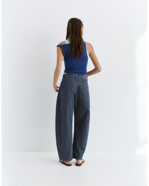 Pull&Bear Blue Striped Balloon Jeans With Seams