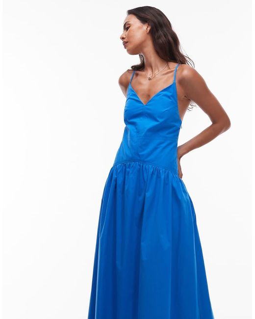 TOPSHOP Blue Deep V Poplin Midi Dress