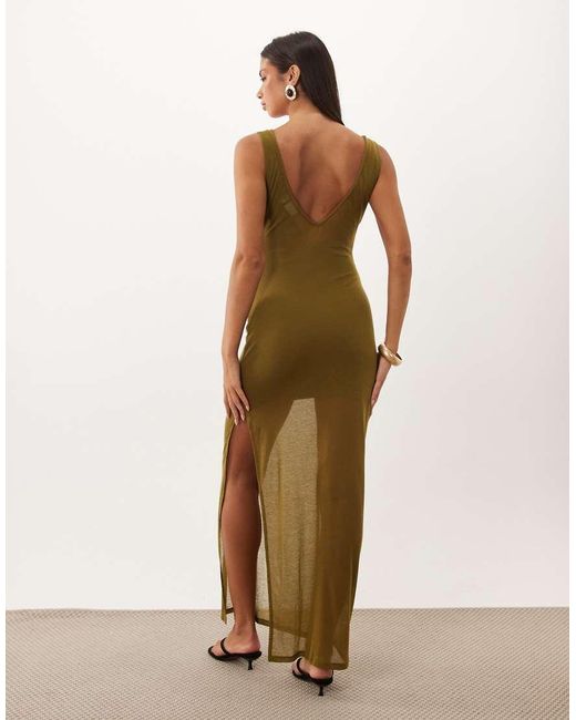 ASOS Natural Soft Semi Sheer Column Maxi Dress With Twist Bust Detail