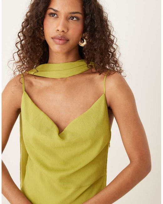 Six Stories Yellow Scarf Neck Asymmetric Ruffle Mini Dress