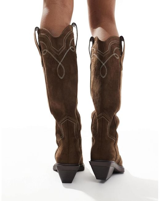 ASOS Brown Wide Fit Celeste Flat Western Knee Boots