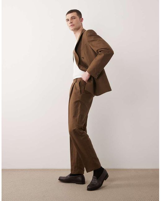 ASOS Natural Relaxed Tapered Linen Rich Suit Trousers for men