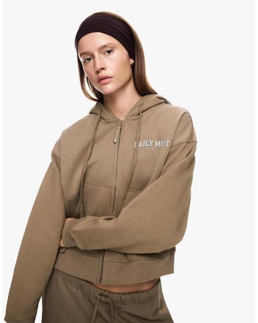 Bershka Brown Embroidered Zip-Up Hoodie
