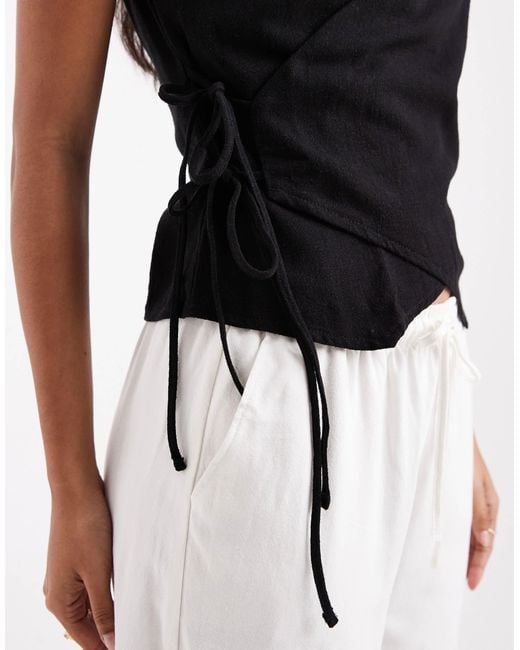 ASOS Black Linen Blend Wrap Tie Detail Waistcoat