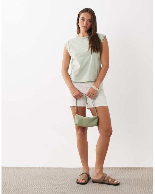 Mango Green Cap Sleeve Round Neck Embroidered Detail T-shirt