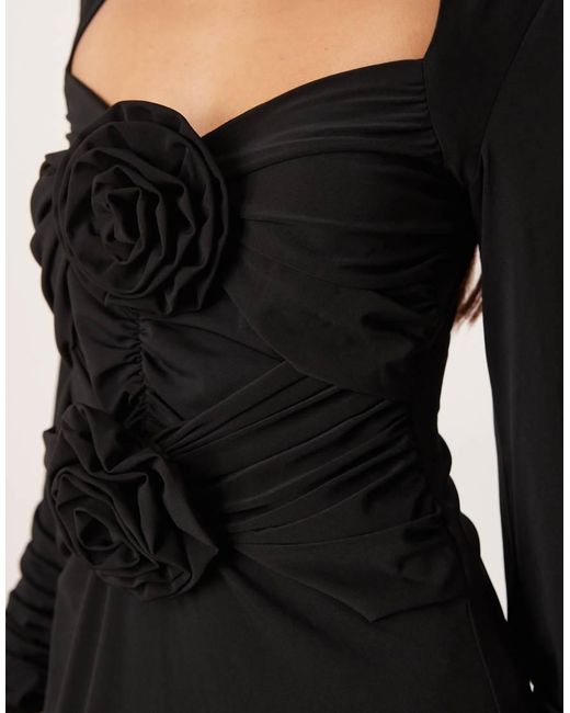 Y.A.S Black Long Ruched Sleeve Slinky Maxi Dress With Rosette Bodice