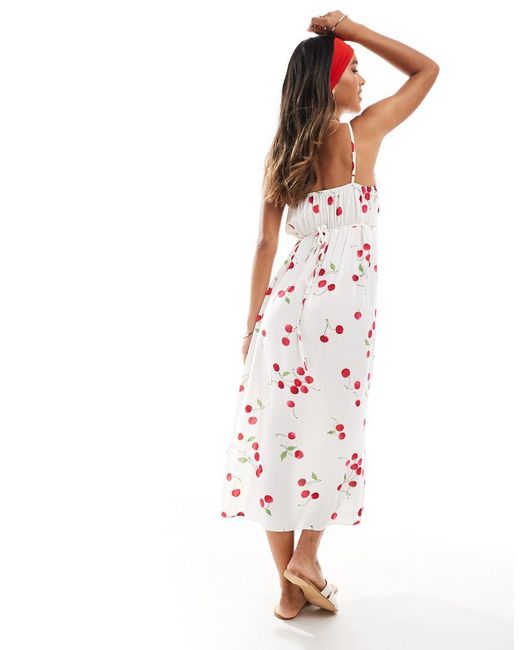 New Look White Cherry Print Tie Front Midi Dress