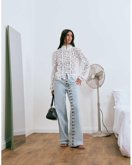 Lioness Metallic Overtime Sheer Lace Intricate Floral Napoleon Button Detail Balloon Sleeve Blouse