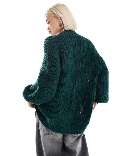 Monki Green High Neck Chunky Rib Knitted Jumper With Volume Sleeve